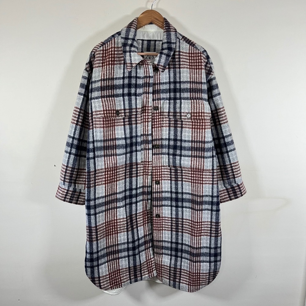 Zara Longline Check Plaid Overcoat Jacket Wool Blend Trench Coat Womens Large